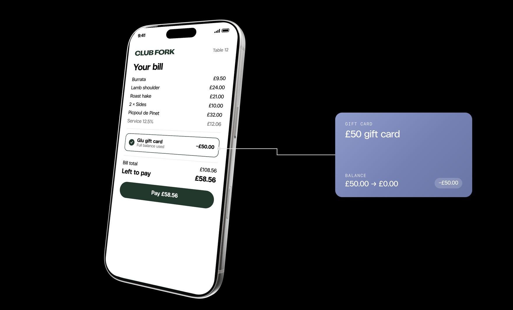 Apply a Glu gift card to the bill with Storekit pay-at-table